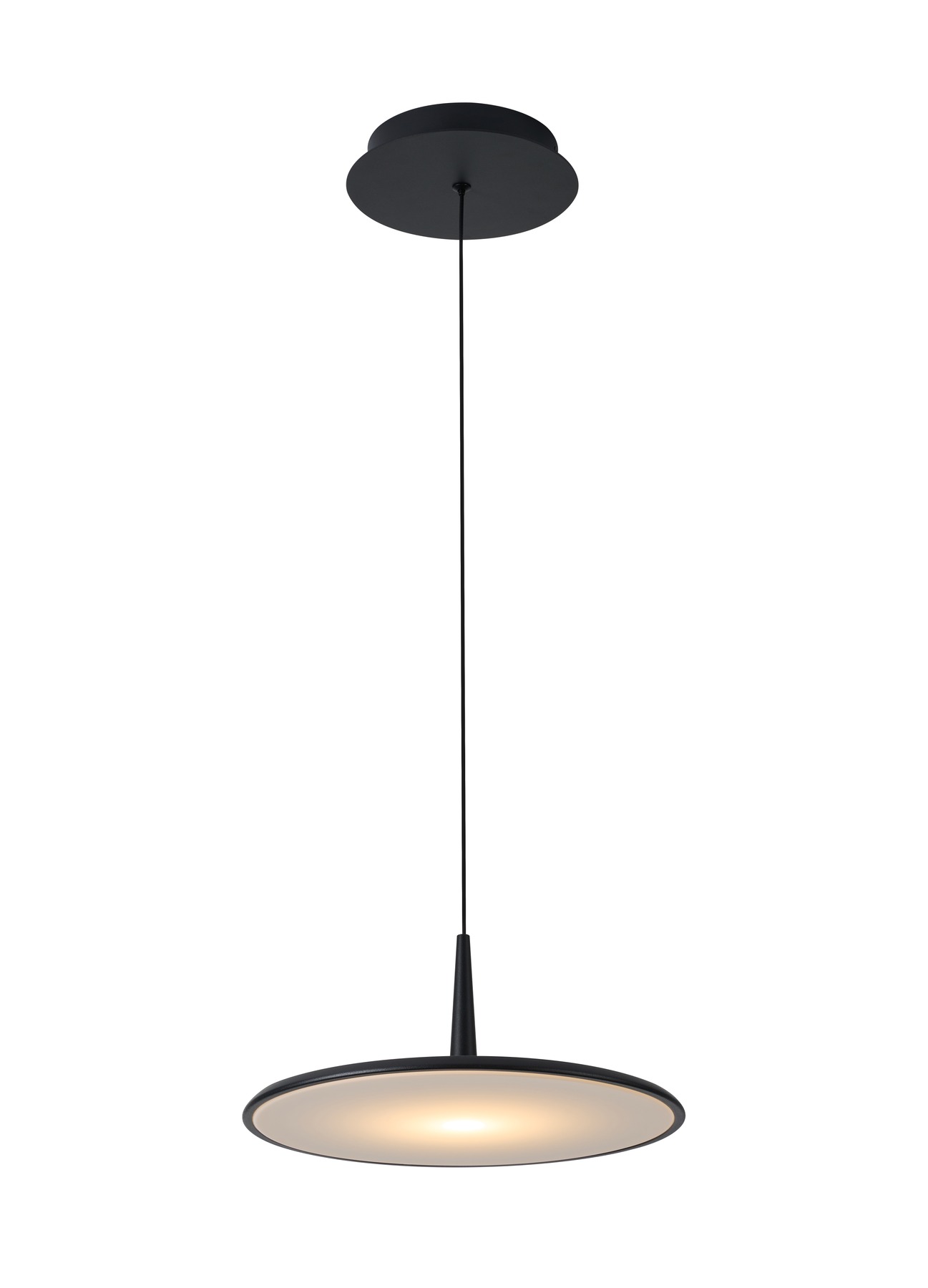 Aurea Disc Single, sand-black disc pendant with warm light
