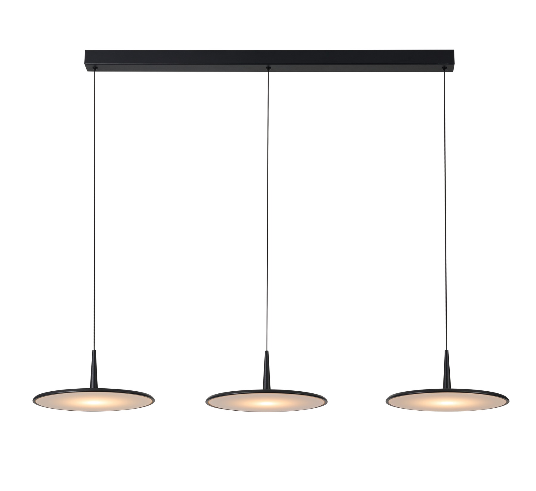 Aurea Disc Trio, sand-black disc pendant with warm light