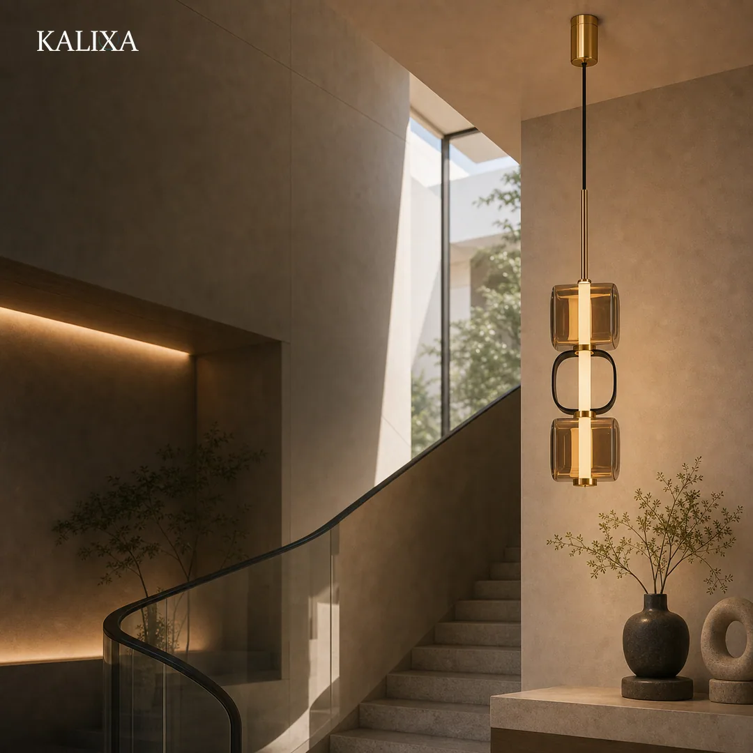 Kalixa stairwell brass pendant in a refined interior